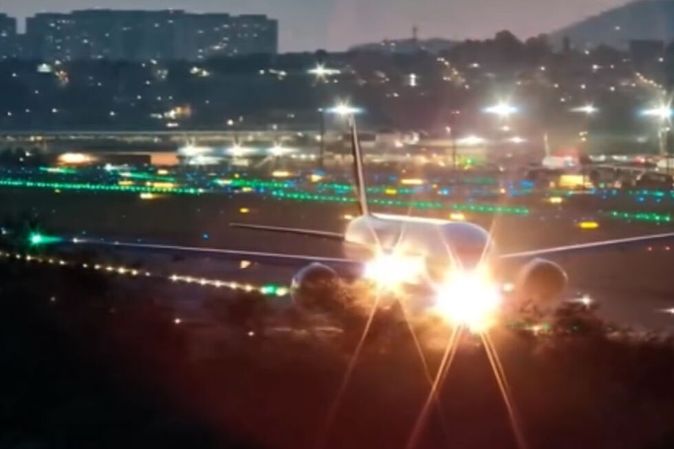 O momento em que avião com destino a Lisboa trava bruscamente para abortar descolagem em São Paulo no Brasil