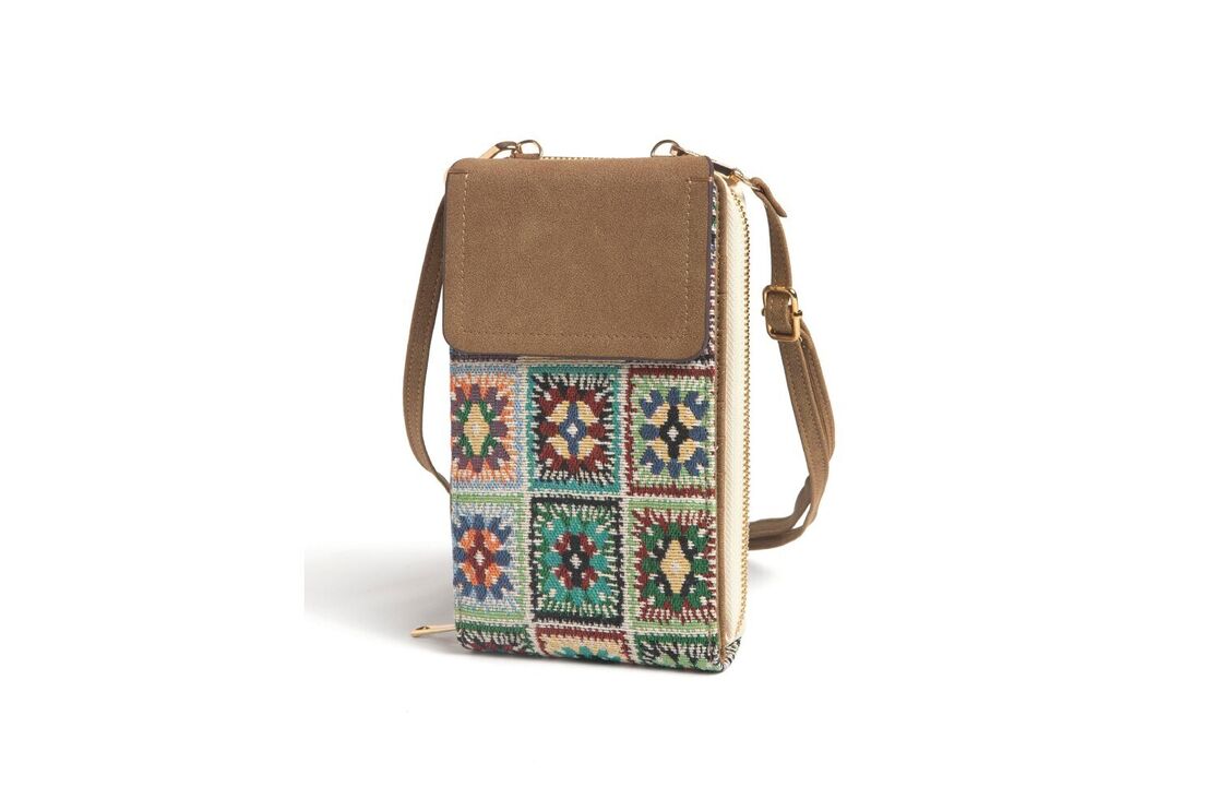 Bolsa de telemóvel com padrão geométrico e alça castanha