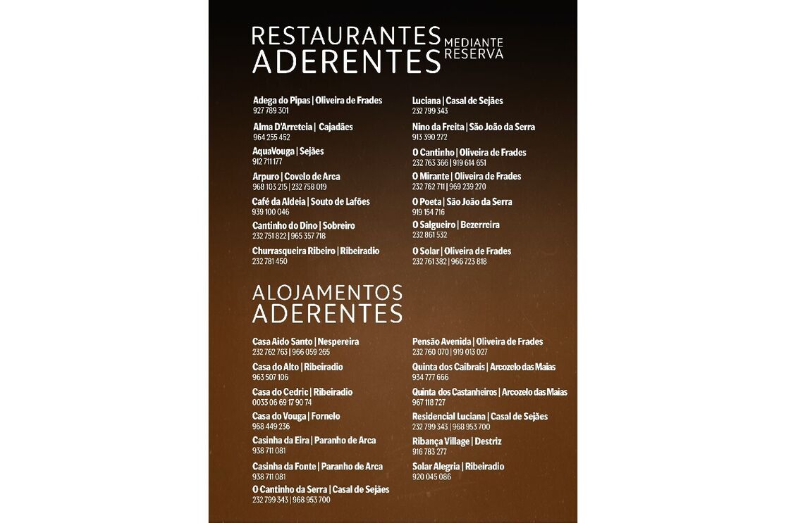 Lista de restaurantes e alojamentos aderentes em Oliveira de Frades e arredores