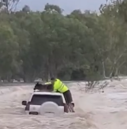 Homem e cão resgatados após ficarem presos em cima de carro durante cheias na Austrália   