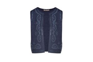 Colete azul com lantejoulas e padrão floral