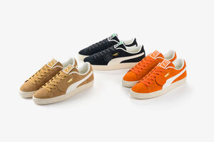 Os novos PUMA x Charles F. Stead Suede existem em três combinações de cores elegantes e vibrantes: Honey Butter, o clássico PUMA Black e Orange Glo (€120)