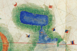 Pormenor do Planisfério de Cantino (1502), com o golfo Pérsico (a Azul) e o Estreito de Ormuz