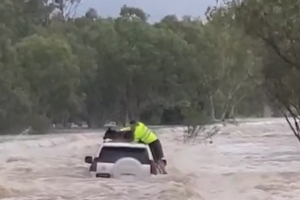 Homem e cão resgatados após ficarem presos em cima de carro durante cheias na Austrália   