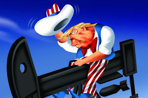 No cartoon desta semana Vasco Gargalo 'coloca' Donald Trump a cavalgar uma máquina de extração de petróleo