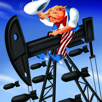 No cartoon desta semana Vasco Gargalo 'coloca' Donald Trump a cavalgar uma máquina de extração de petróleo