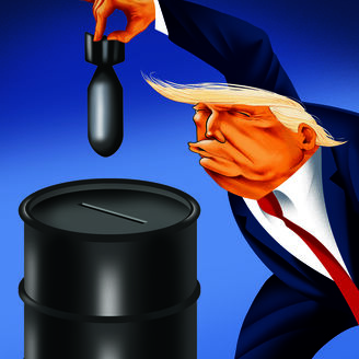 No cartoon desta semana Vasco Gargalo retrata Donald Trump a colocar uma bomba num barril de petróleo