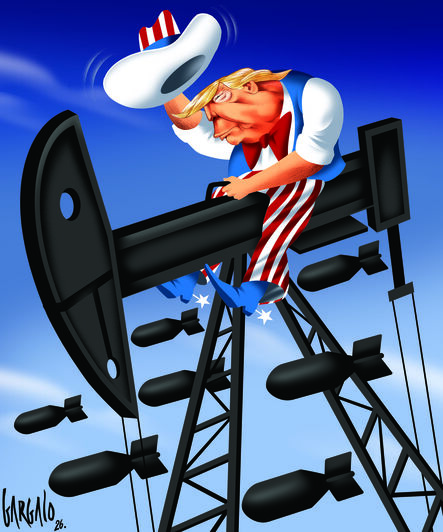 No cartoon desta semana Vasco Gargalo 'coloca' Donald Trump a cavalgar uma máquina de extração de petróleo