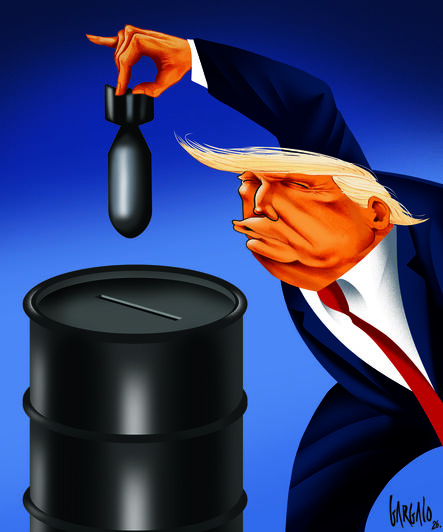 No cartoon desta semana Vasco Gargalo retrata Donald Trump a colocar uma bomba num barril de petróleo