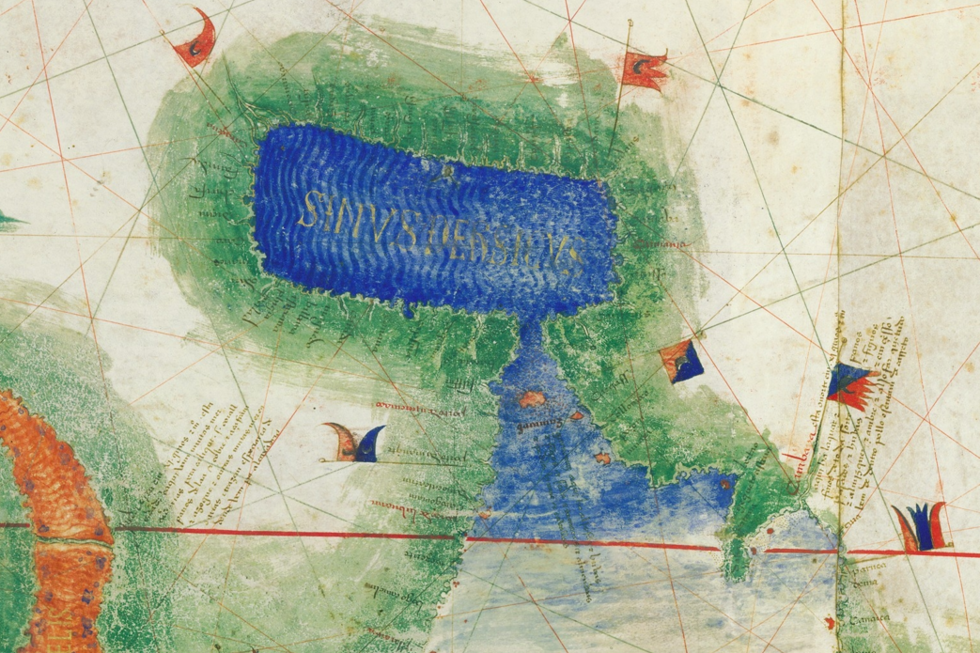 Pormenor do Planisfério de Cantino (1502), com o golfo Pérsico (a Azul) e o Estreito de Ormuz