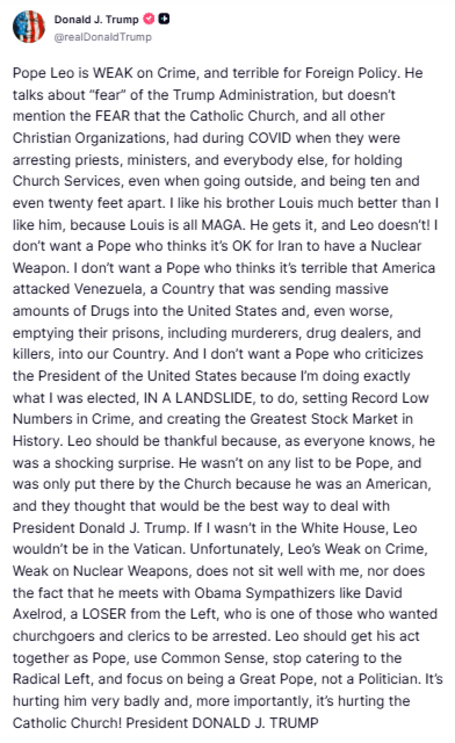 Donald Trump critica Papa nas redes sociais