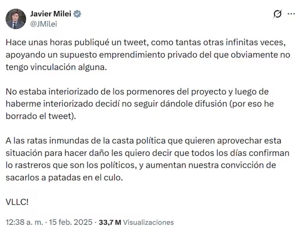 Publicação, agora apagada, de Javier Milei