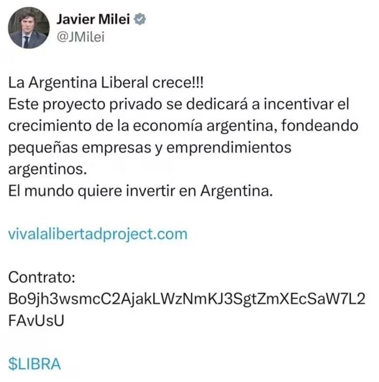 Publicação, agora apagada, de Javier Milei