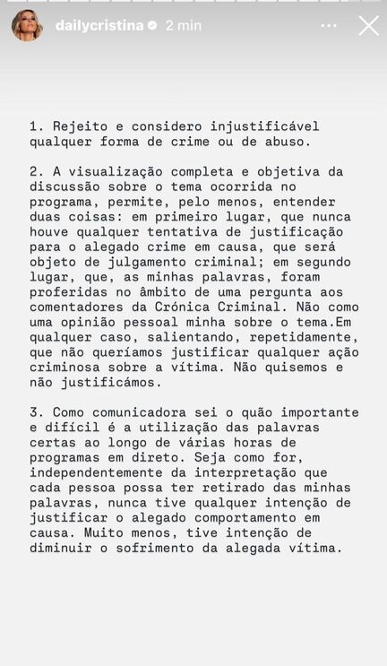 Cristina Ferreira rejeita crimes e abusos e esclarece opinião sobre comentários na Crónica Criminal.
