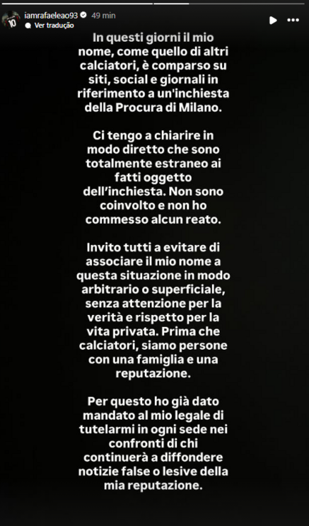 A mensagem deixada por Rafael Leão nas redes sociais