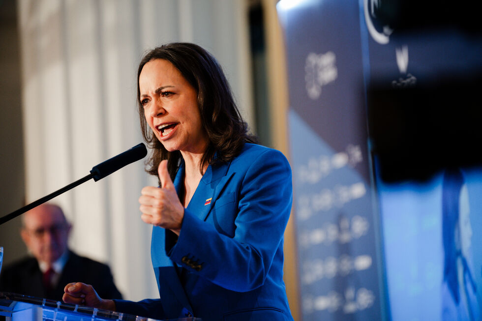 A líder da oposição venezuelana, María Corina Machado, em Madrid