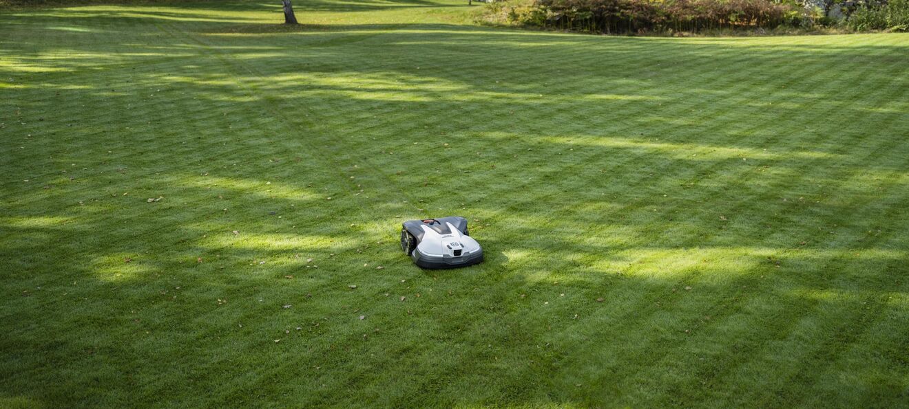 Jardim relvado com máquina de cortar relva automática para grandes áreas.
