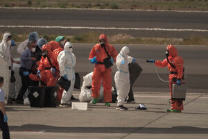 Passageiros são pulverizados com desinfetante por autoridades espanholas