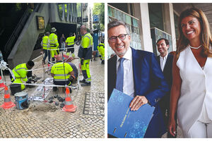Placa do JNcQUOI na Avenida da Liberdade e a vereadora Joana Baptista com o presidente da Câmara de Lisboa Carlos Moedas