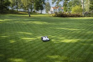 Jardim relvado com máquina de cortar relva automática para grandes áreas.
