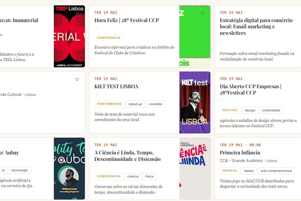 Captura de ecrã do NoCartaz, com resultados para eventos em Lisboa