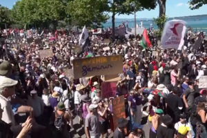 Ambientalistas, feministas e grupos pró-palestinianos protestam contra o G7 em Genebra