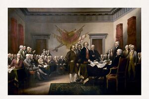 A entrega da primeira versão da Declaração de Independência ao Congresso, em 1776, retratada na pintura de John Trumbull  