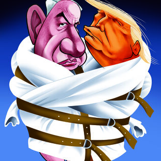 No cartoon desta semana Vasco Gargalo mostra Trump e Netanyahu metidos numa camisa de forças