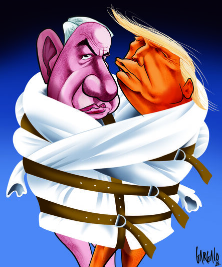 No cartoon desta semana Vasco Gargalo mostra Trump e Netanyahu metidos numa camisa de forças