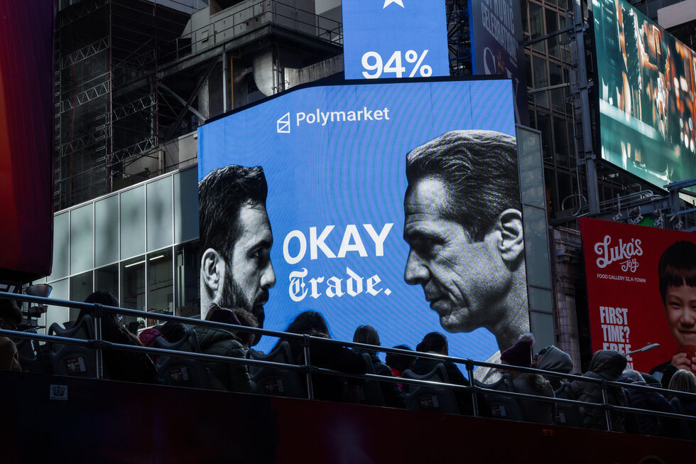 Anúncio da Polymarket em Times Square, Nova Iorque, antes das eleições municipais da cidade, em 2025