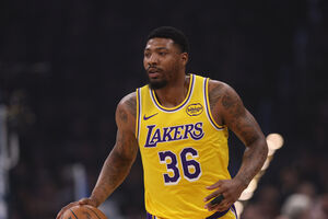 Los Angeles Lakers guard Marcus Smart handles the ball in the first half of Game 2 in a second-round NBA