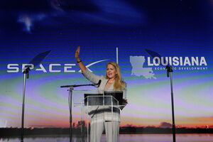 SpaceX President and COO Gwynne Shotwell speaks during an event announcing a deal to build a new SpaceX spaceport in