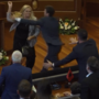 Momento insólito no Parlamento do Kosovo com deputada a atirar ovos contra primeiro-ministro