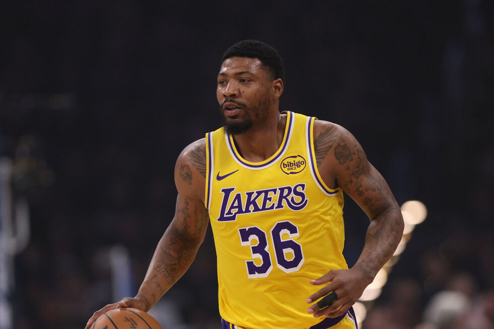 Los Angeles Lakers guard Marcus Smart handles the ball in the first half of Game 2 in a second-round NBA