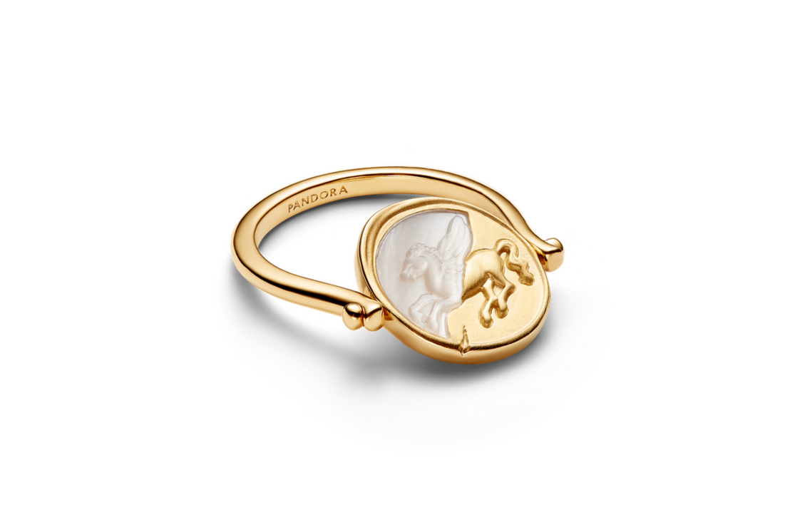 Anel Pegasus Pandora TALISMAN giratório em liga metálica de assinatura com revestimento de ouro 14k e madrepérola de bioresina, €89