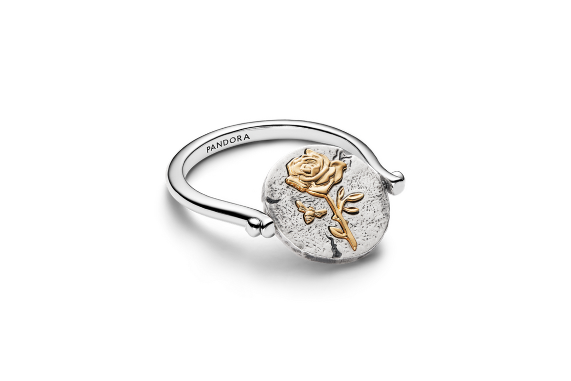 Anel Rosa Pandora TALISMAN giratório em prata 925 e liga metálica de assinatura com revestimento de ouro 14k, €69