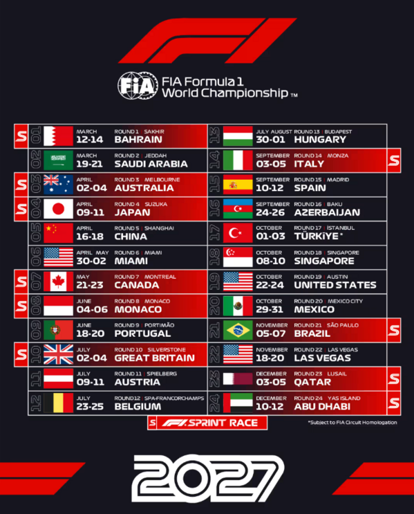 Calendário da Fórmula 1 em 2027
