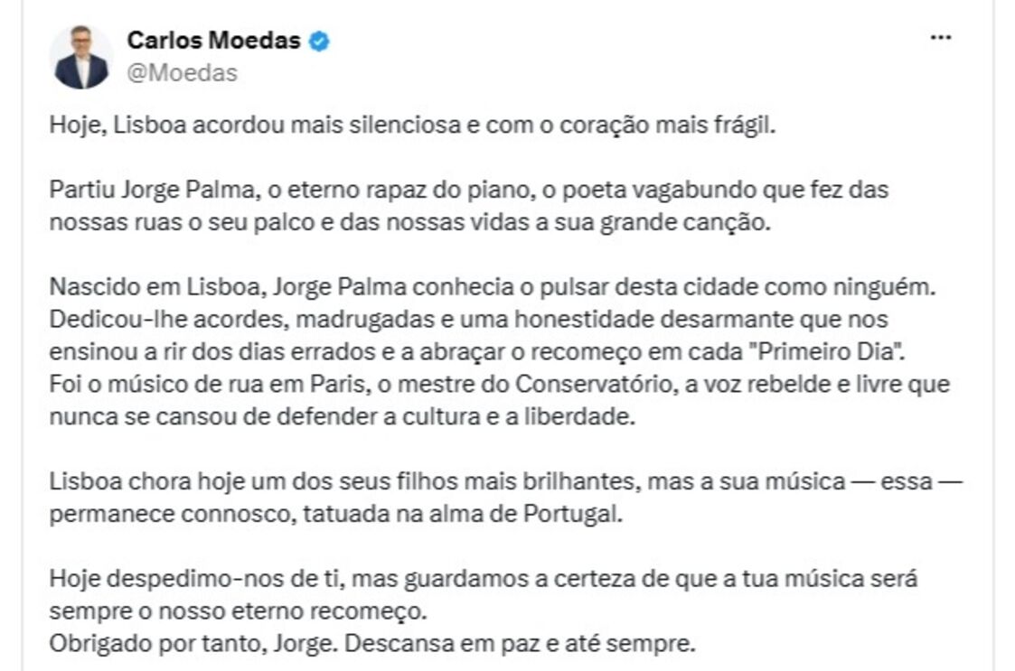 Moedas lamenta partida de Jorge Palma e cita Sérgio Godinho