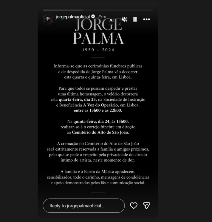 Velório de Jorge Palma em Lisboa. Funeral restrito a família e amigos
