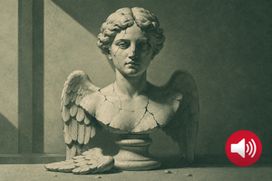 Busto de anjo partido com asas, remetendo para "A Queda de um Anjo"