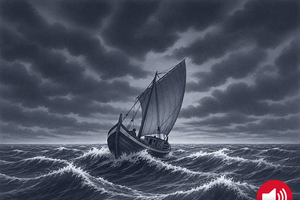 Um barco navega em mar revolto sob um céu tempestuoso