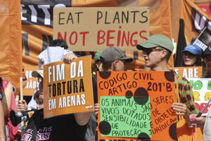 Manifestação em Lisboa pelos direitos dos animais, com cartazes contra a tortura