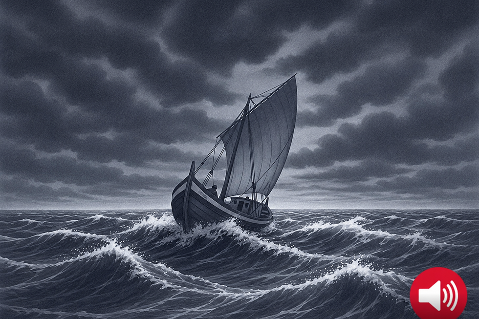 Um barco navega em mar revolto sob um céu tempestuoso