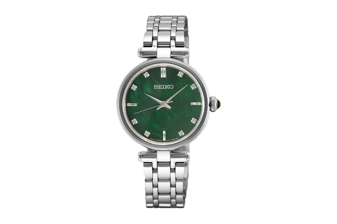Relógio SEIKO com mostrador verde e bracelete prateada