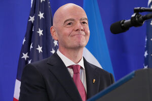 FIFA President Gianni Infantino speaks during a reception at Trump Tower with President Donald Trump in New York, Friday, July
