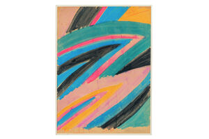 Pintura abstrata com linhas de várias cores, incluindo preto, azul, rosa, verde e amarelo