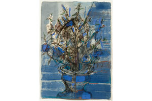 Pintura abstrata de um vaso de flores azuis