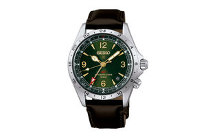 Relógio Seiko Prospex Alpinist Automático GMT 6R54 verde com bracelete de pele