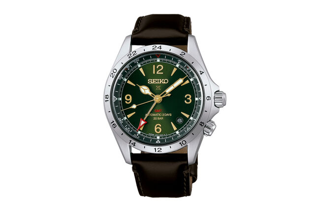 Relógio Seiko Prospex Alpinist Automático GMT 6R54 verde com bracelete de pele
