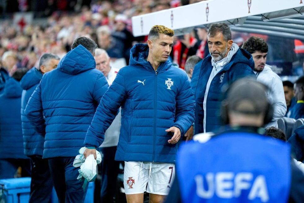 Portugal's Cristiano Ronaldo sits on the bench during the UEFA